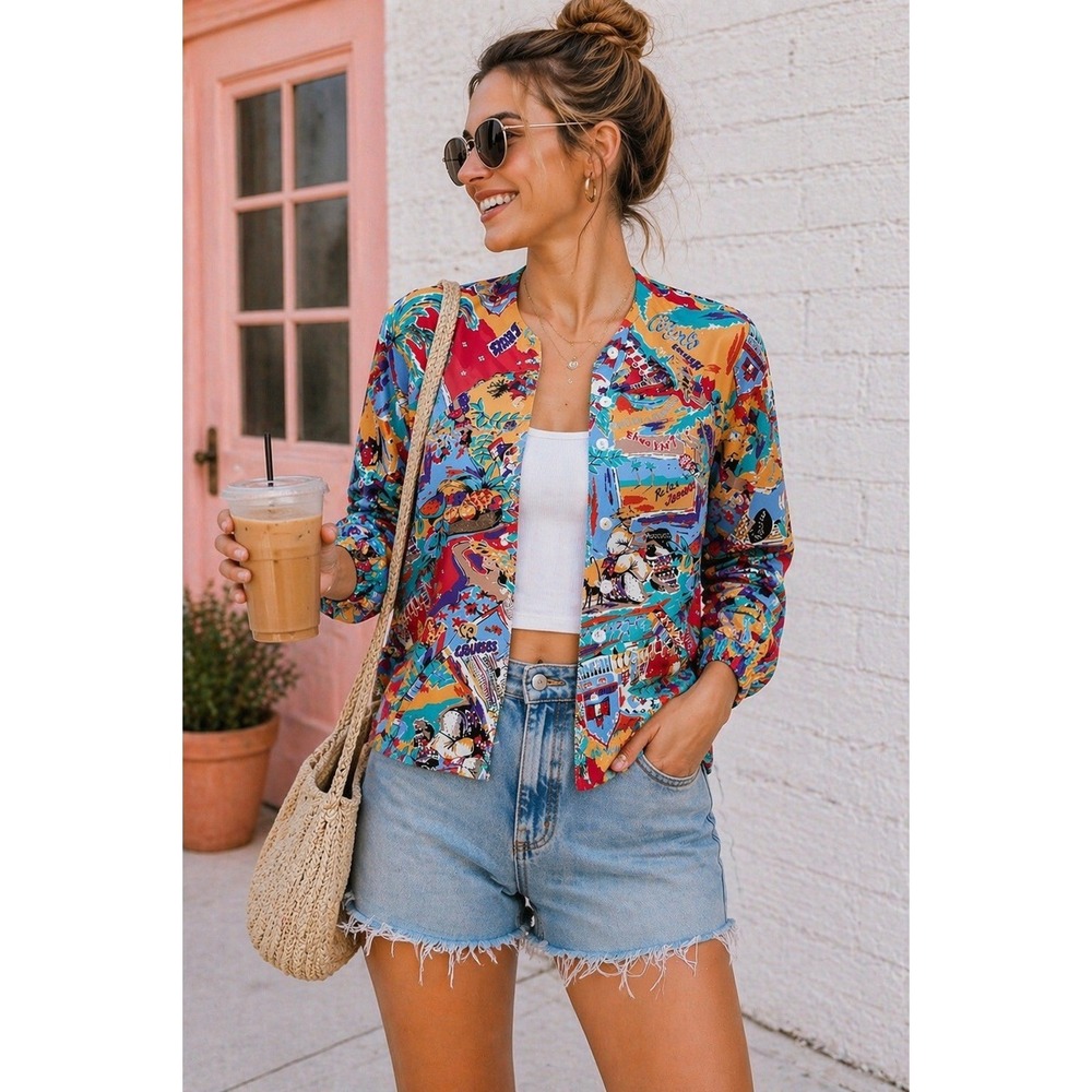 August Silk Sport Vintage 90s Silk Tropical Novelty Print Bomber Jacket  XS